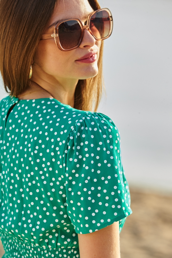Green & White Spot Print Ruched Front Top