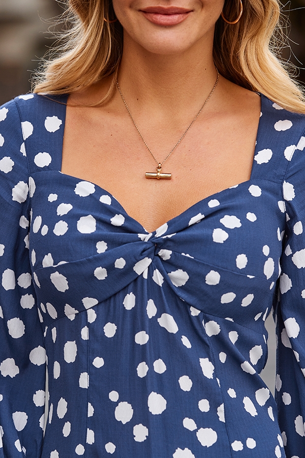 Navy Blue Spot Print Twist Front Midi Dress