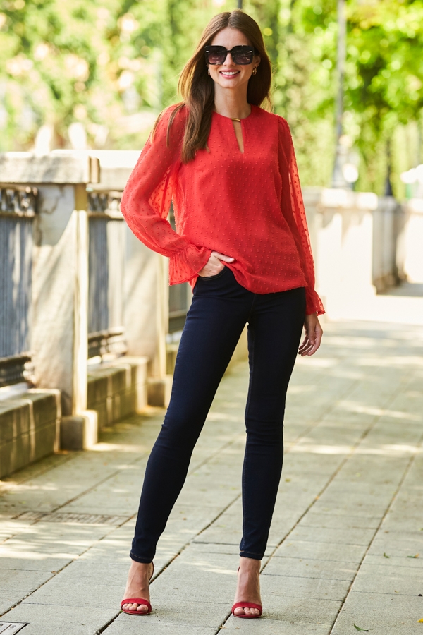 Red Dobby Print Gold Keyhole Detail Blouse