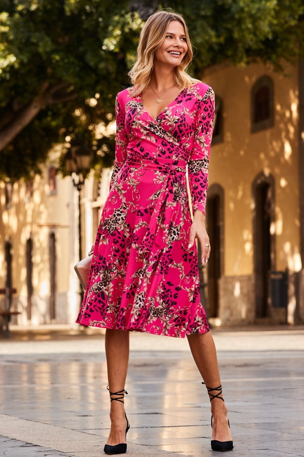 Pink WOW Print Faux Wrap Midi Jersey Dress
