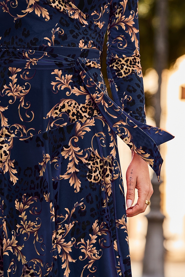 Navy Blue Baroque Print Faux Wrap Dress