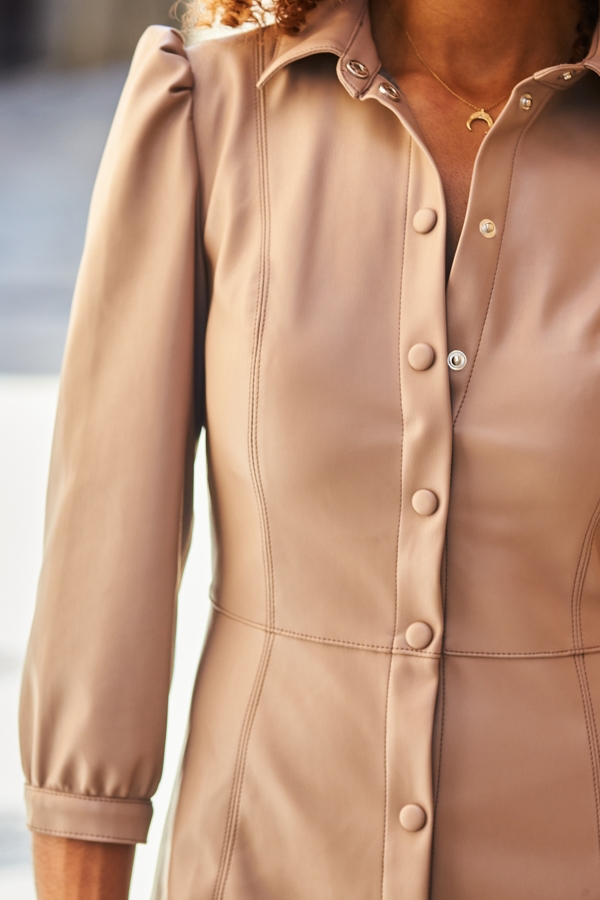 Taupe Faux Leather Popper Front Shirt Dress