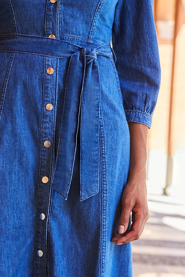Mid Blue Popper Front Belted Denim Midi Dress