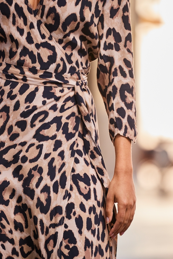 Leopard Print Ruched Sleeve Midi Wrap Dress