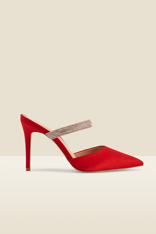 Sofia Red Satin Diamante Strap Pointed Toe Mule
