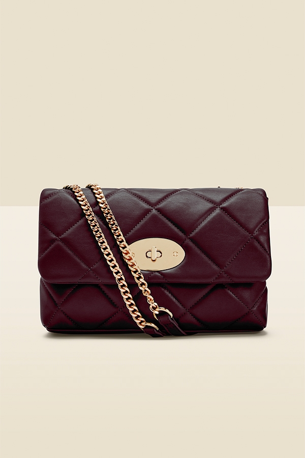 Burgundy Faux Leather Quilted Clasp Detail Cross Body Bag