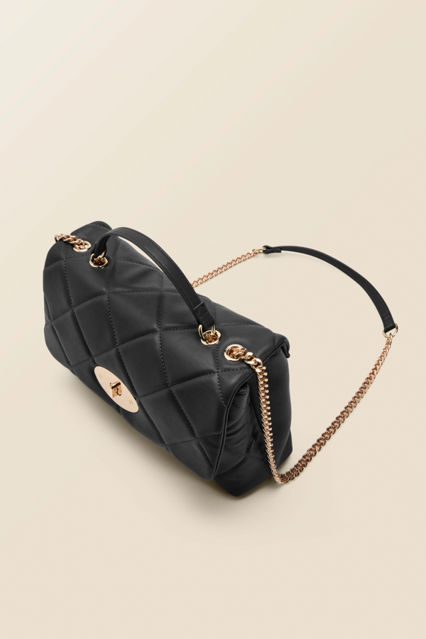 Black Faux Leather Quilted Clasp Detail Cross Body Bag