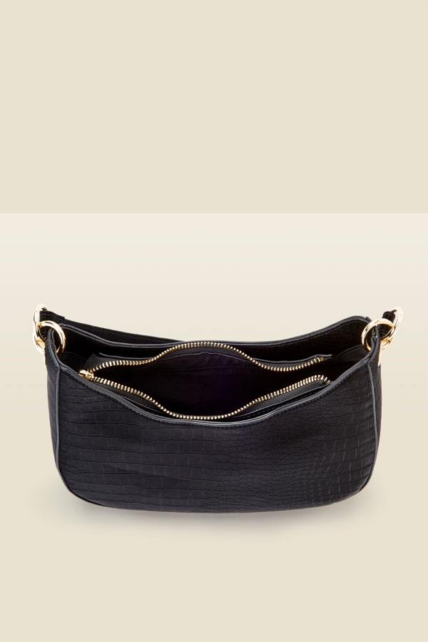 Black Croc Faux Leather Shoulder Bag