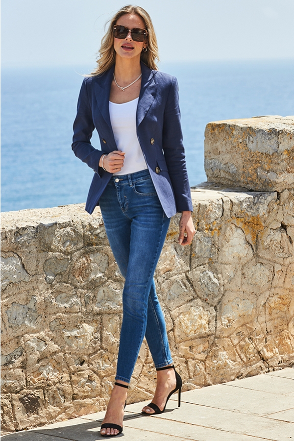 Navy Blue Linen Blend Tuxedo Blazer Jacket