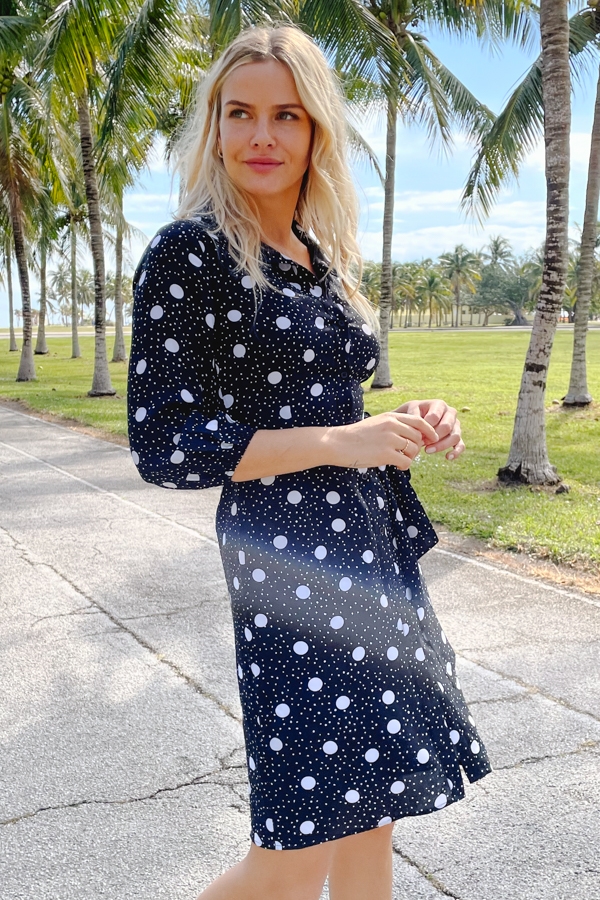 Black & White Spot Print Tie Waist Shirt Dress