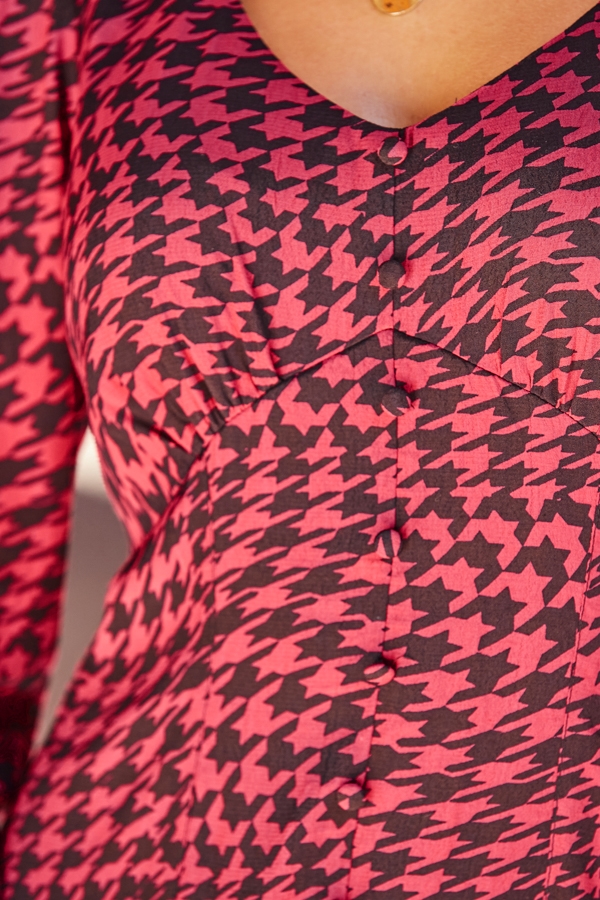 Pink & Black Houndstooth Print Button Detail Midi Dress