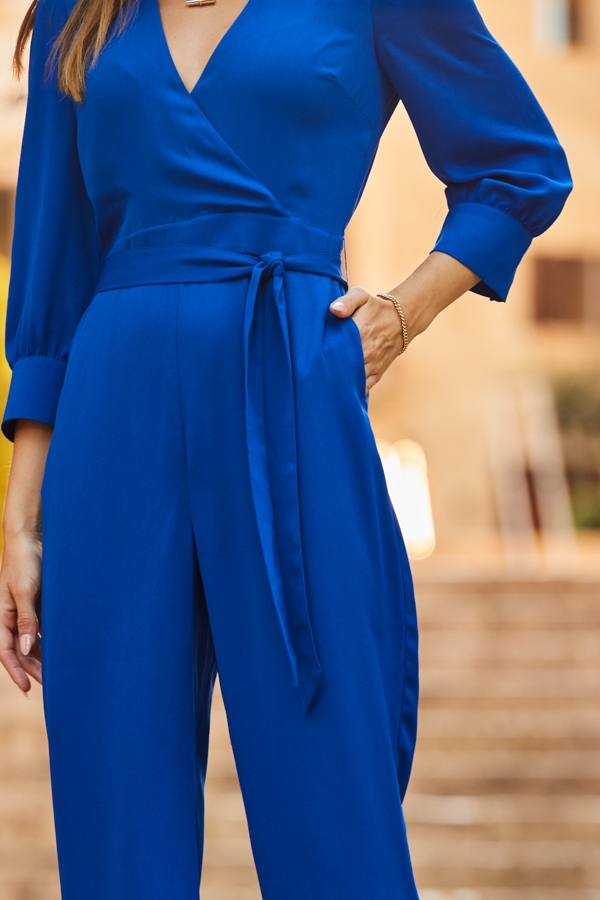 Cobalt Blue Tailored Wrap Front Tie Waist Jumpsuit
