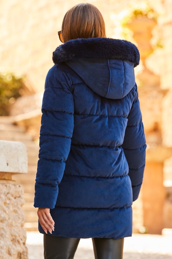 Navy Blue Luxe Velvet Padded Coat