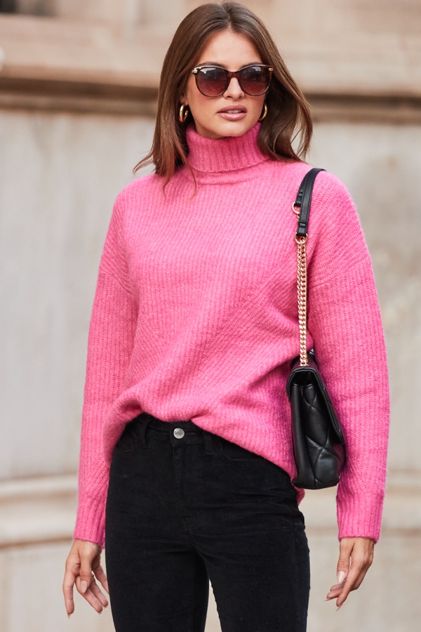 Bright Pink Chevron Roll Neck Ribbed Jumper
