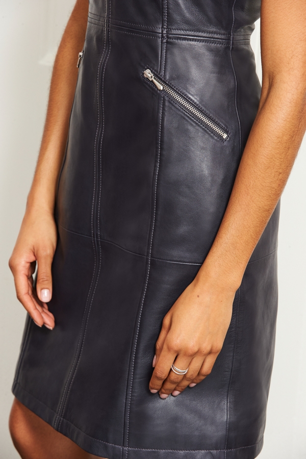 Charcoal Grey Leather Zip Pocket Detail Dress