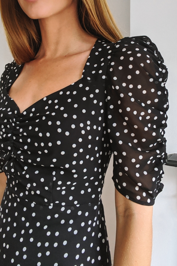 Black & White Polka Dot Print Sweetheart Neckline Dress
