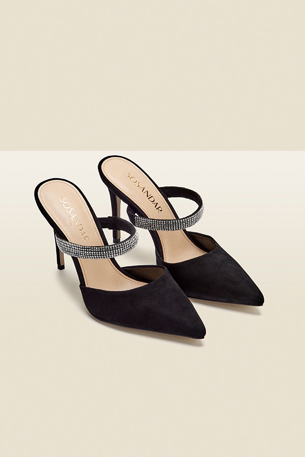 Sofia Black Suede Diamante Strap Pointed Toe Mule