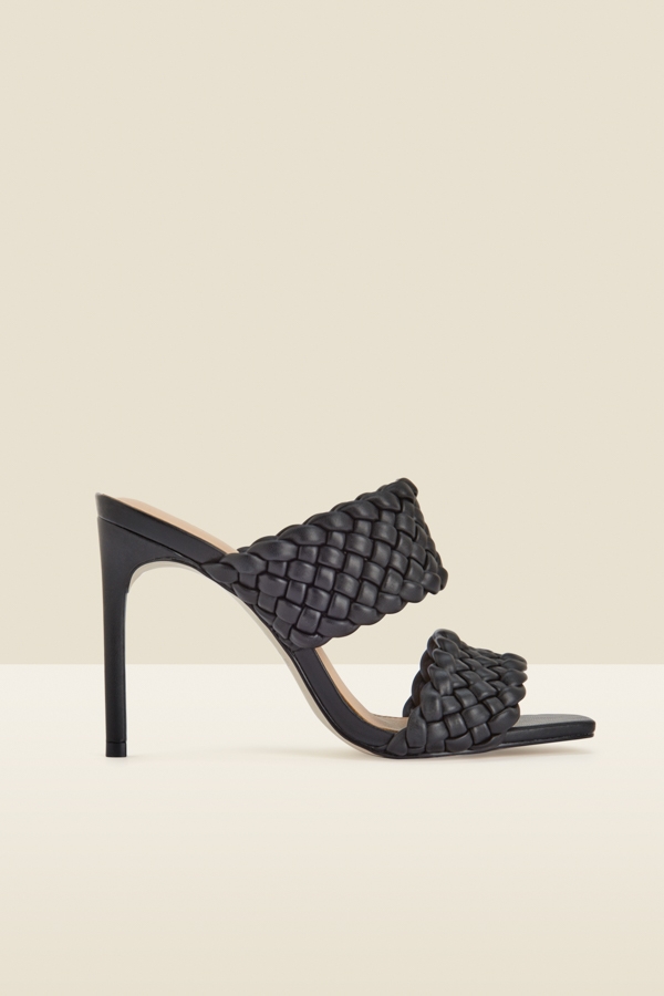 Valentina Black Leather Woven Double Strap Square Toe Mule