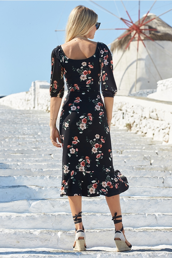 Black Floral Print Sweetheart Neckline Midi Jersey Dress