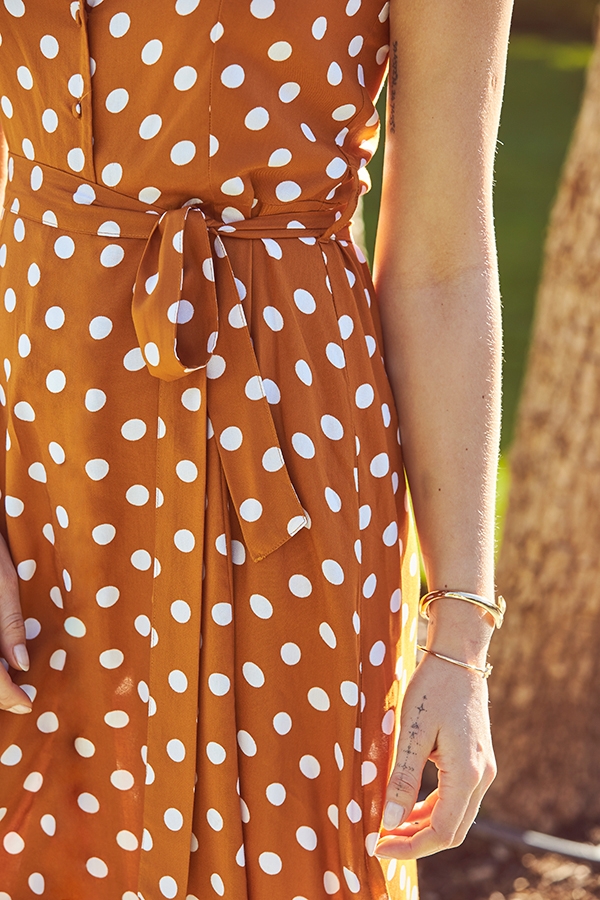 Tan & White Spot Print Button Front Fit & Flare Dress