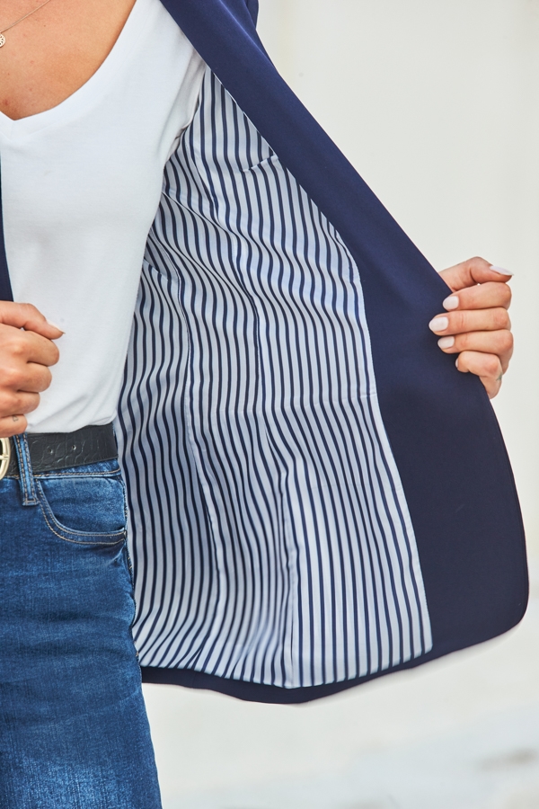 Navy Blue Stripe Print Lining Blazer