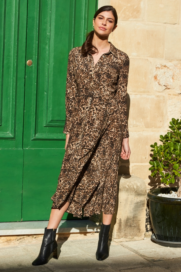 Animal Print Belted Maxi Shirt Dress
