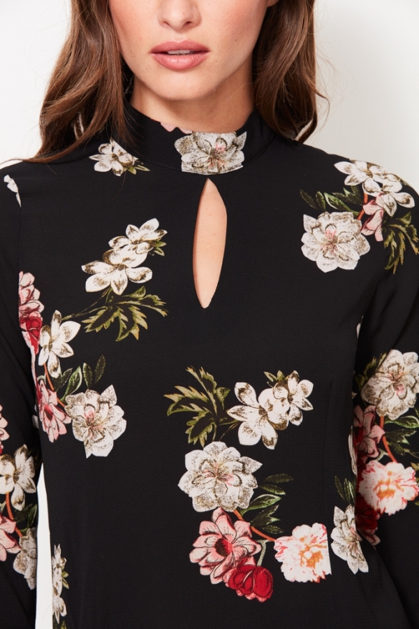 Black Floral Print Keyhole Detail Fluted Cuff Top