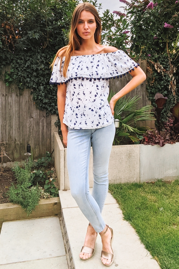 White & Navy Bardot Top with Pom Pom Trim 