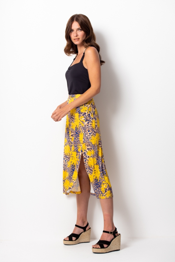 Yellow & Blue Tropical Print Midi Skirt