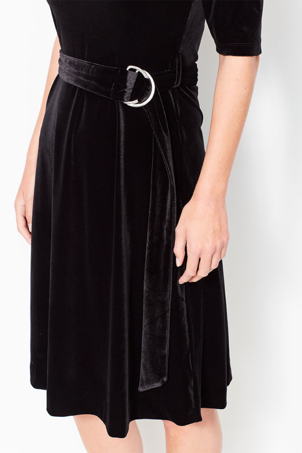 Black Velvet Belted Bardot Dress