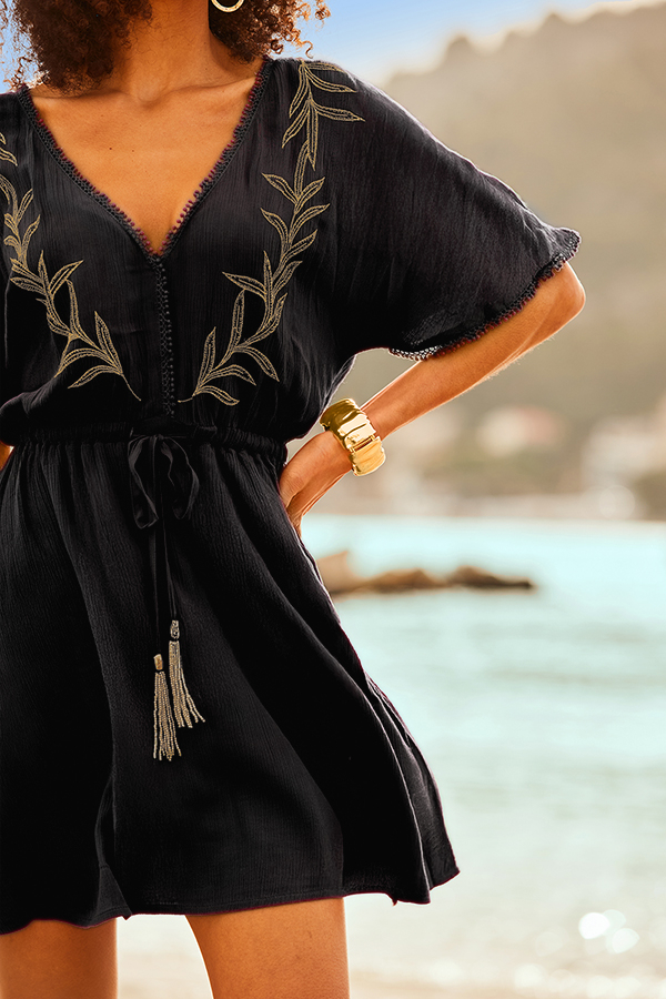 Black & Gold Embroidered Detail Kaftan