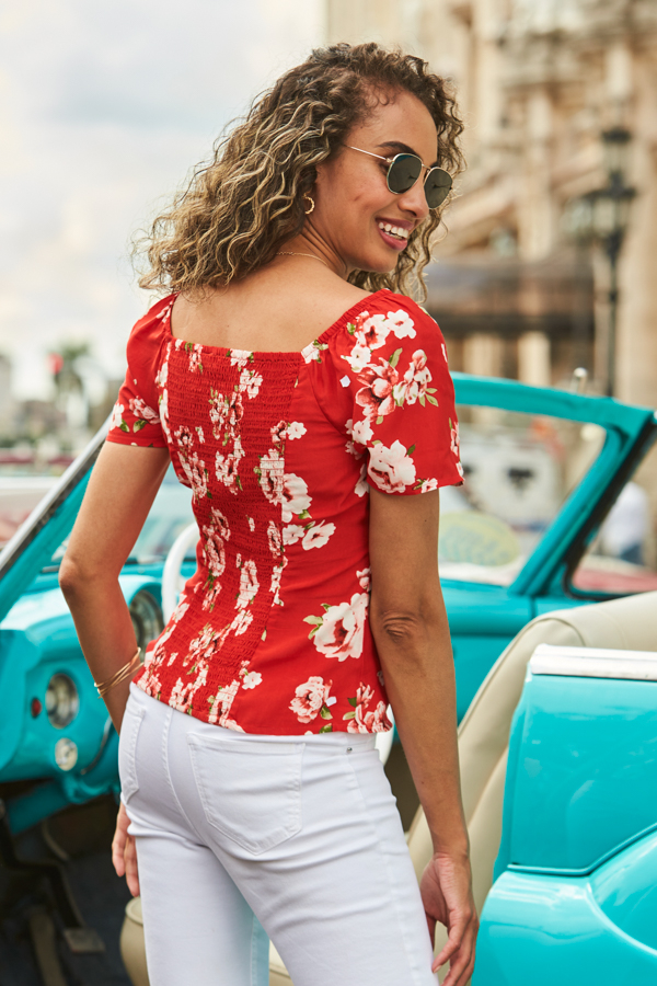 Red Floral Print Button Front Top
