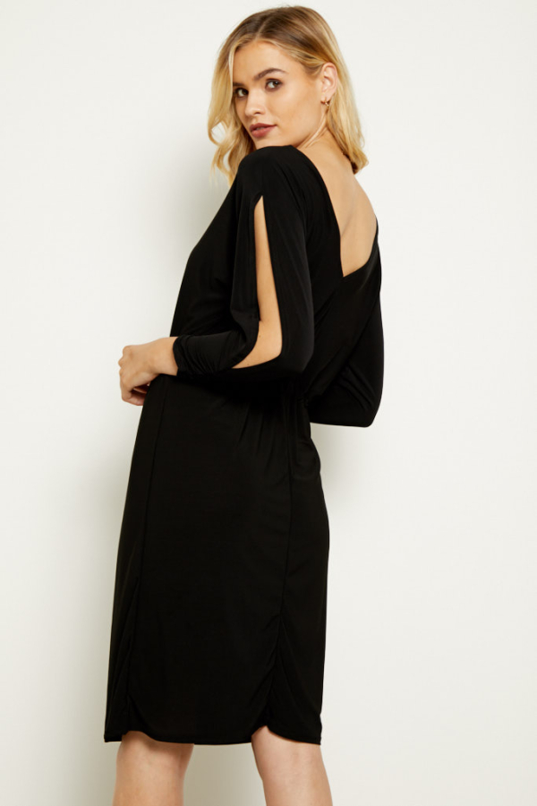Black Split Sleeve Slinky Jersey Dress
