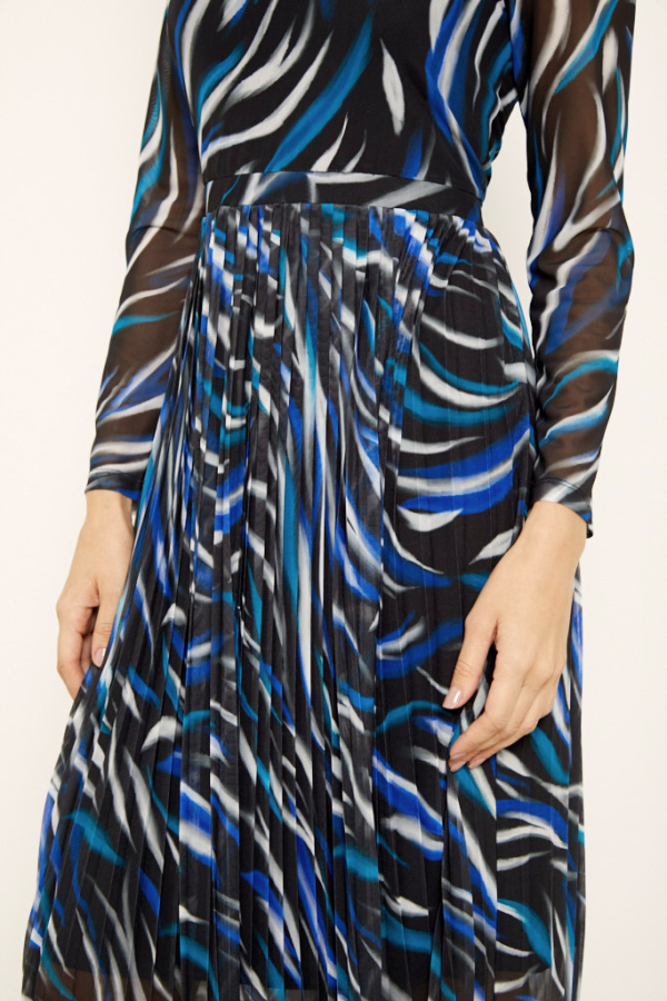 Black & Blue Print Mesh Pleat Bardot Jersey Dress