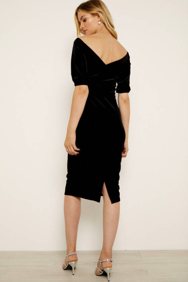 Black Velvet Cross Over Bardot Dress
