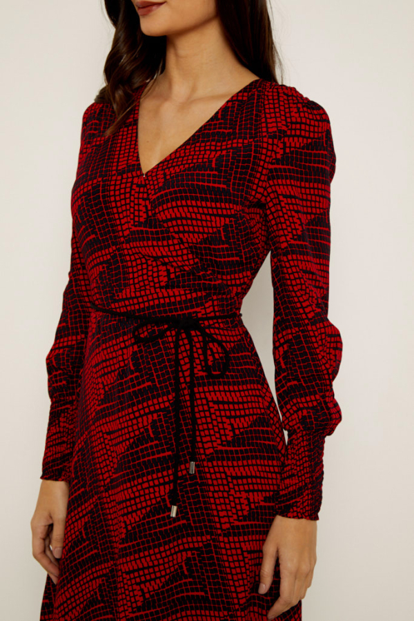 Red & Black Geometric Print Faux Wrap Front Belted Dress