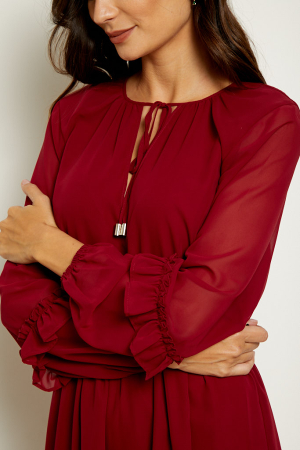 Burgundy Ruffle Trim Fit & Flare Dress