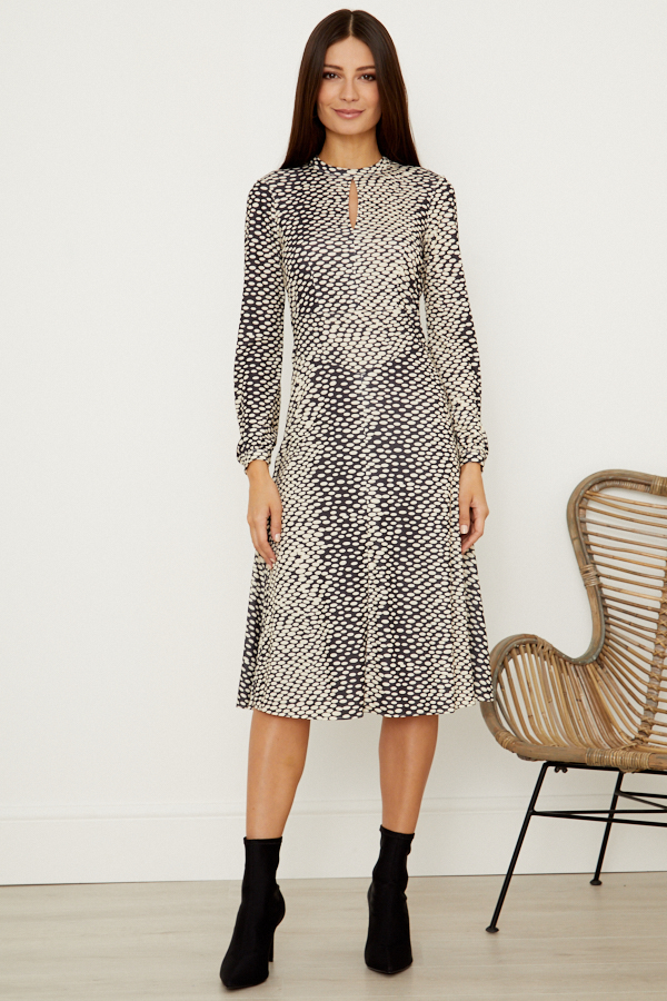 Black & Cream Spot Print Fit & Flare Jersey Dress