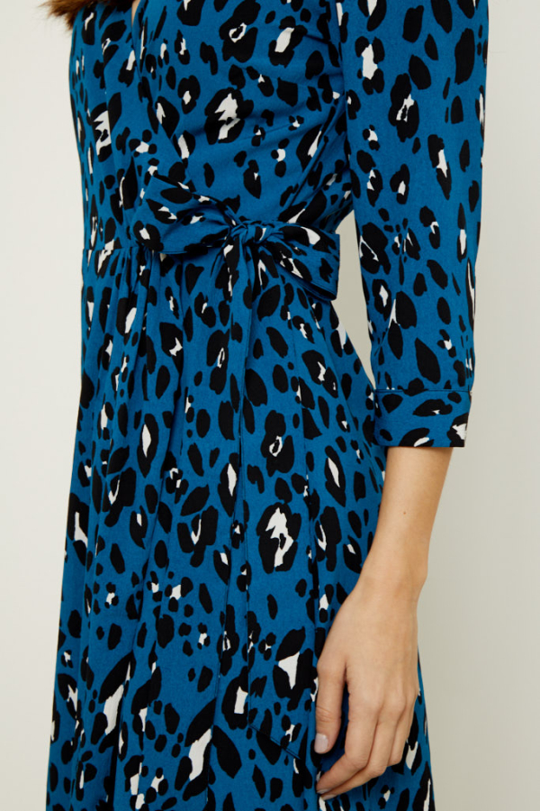 Blue Leopard Print Ruffle Hem Wrap Dress