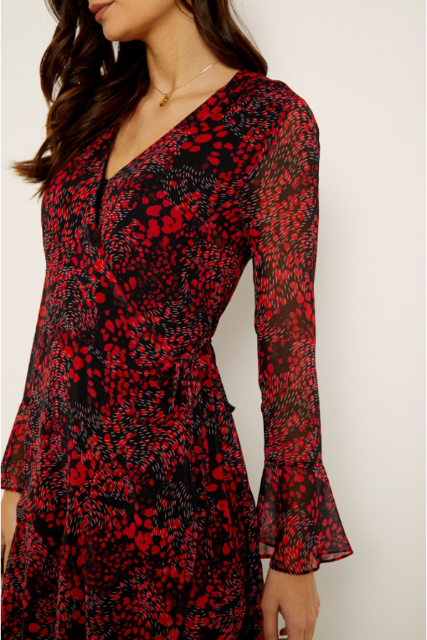 Black & Red Abstract Poppy Print Wrap Dress
