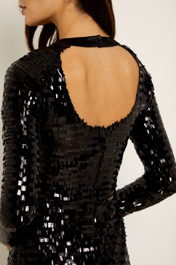 Black Sequin Cut Out Back Detail Dress