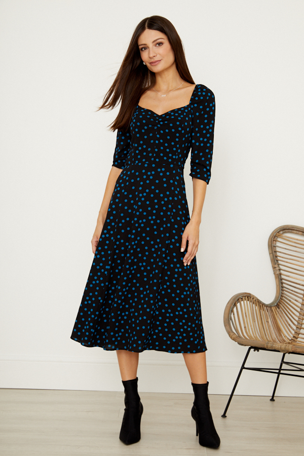 Black & Blue Spot Print Sweetheart Neck Fit & Flare Dress