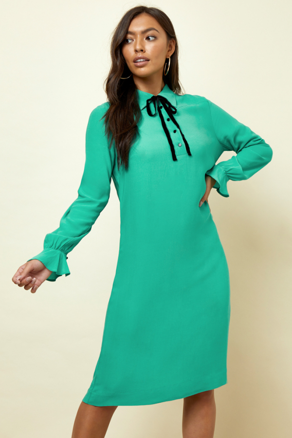 Emerald Green Neck Tie Detail Shift Dress