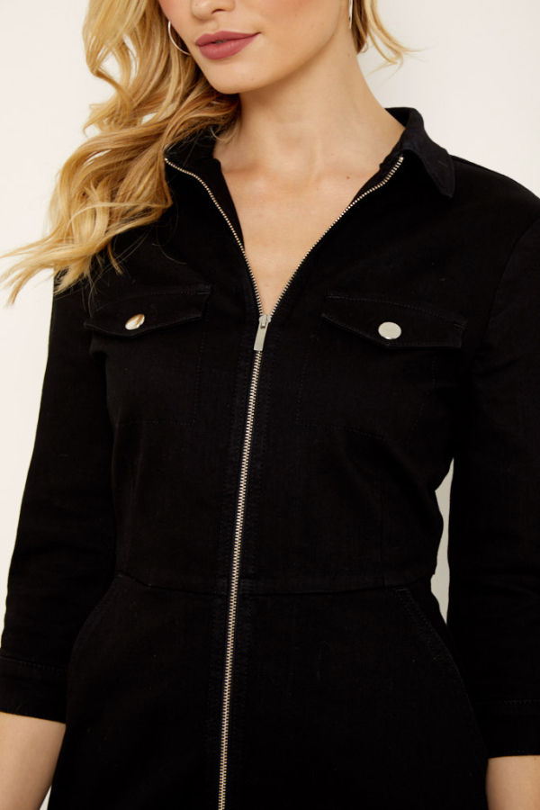 Black Zip Front Denim Dress With Pockets