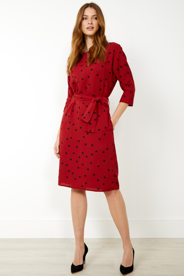 Red & Black Spot Print Belted Shift Dress 
