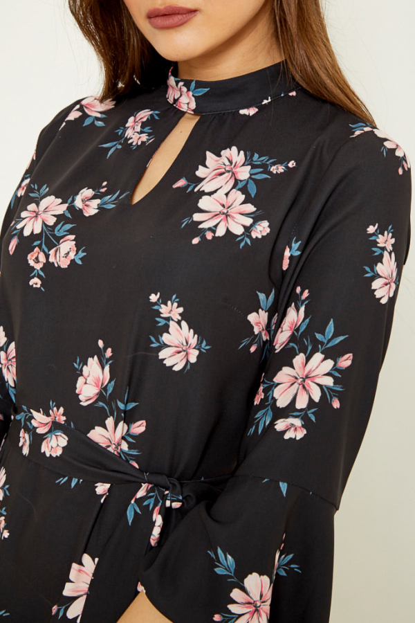 Black Floral Print Ruffle Hem Shift Dress 