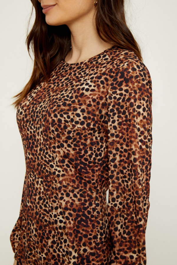Brown Animal Spot Print Fit & Flare Dress