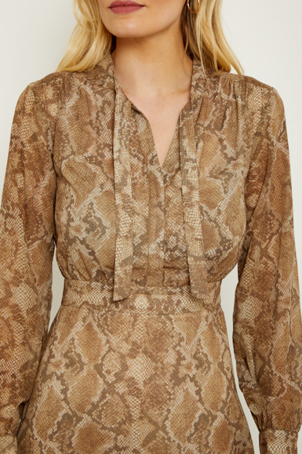 Tan Snake Print Tie Neck Ruffle Hem Dress 