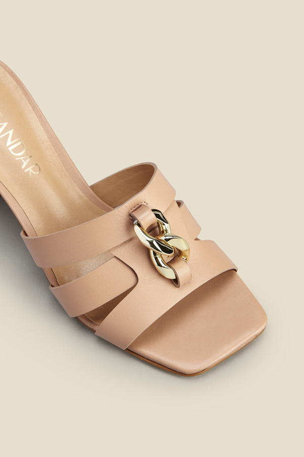Leia Tan Leather Block Heel Chain Detail Mules