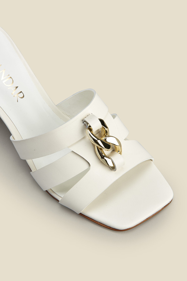 Leia White Leather Block Heel Chain Detail Mules